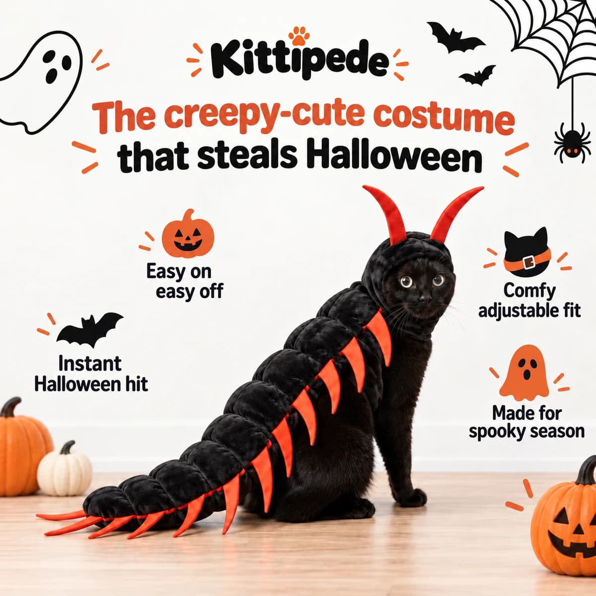 Cat sitting in the Kittipede centipede costume